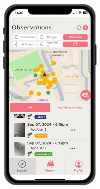 smartphone with map marking locations of cigarette butts