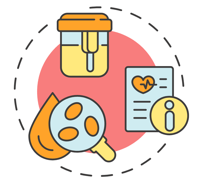 icons of urine and blood samples with a document