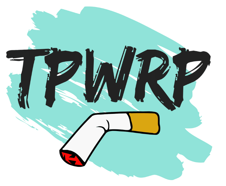 a cigarette butt with a teal backdrop and the letters TPWRP