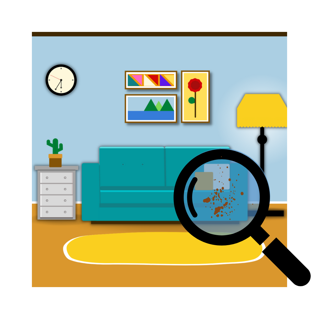 a living room with a magnifying glass showing thirdhand smoke residue on the couch